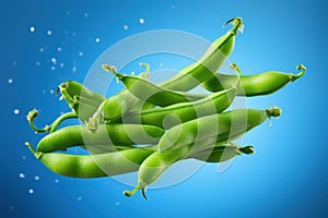Green beans suspended in midair against a bright blue backdrop