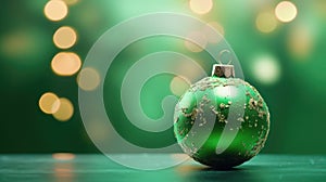 Green beautiful Christmas ball on green background with bokeh, close-up, copy space