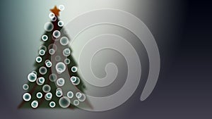 Green beautiful festive Christmas tree with a blur effect with herring and bokeh effect balls for a new year abstract background