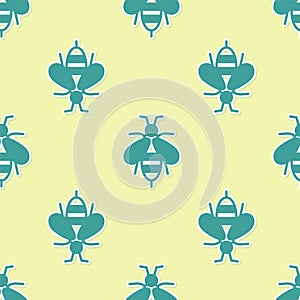 Green Bee icon isolated seamless pattern on yellow background. Sweet natural food. Honeybee or apis with wings symbol