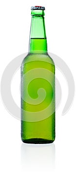 Green Beer Bottle with Condensation on white
