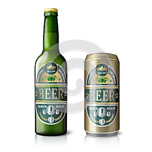 Green beer bottle and golden can, with labels