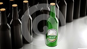 Green beer bottle stands out among black beer bottles. 3D illustration