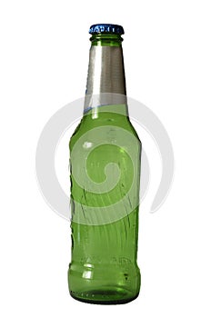 Green beer bottle on white background