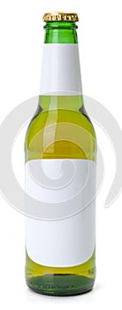 Green beer bottle with white blank labels
