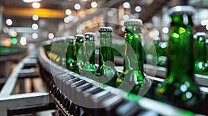 Green Beer Bottles on Production Line in Brewery