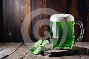 Green beer with clover leaf on wooden table on background of a pub. St. Patrick's day.