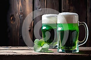 Green beer with clover leaf on wooden table on background of a pub. St. Patrick's day.