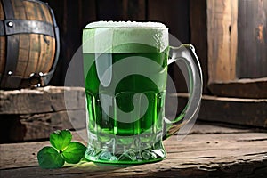 Green beer with clover leaf on wooden table on background of a pub. St. Patrick's day. Generative AI.