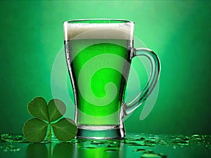 Green beer with clover leaves. Beer is traditionally served on St. Patrick's day.