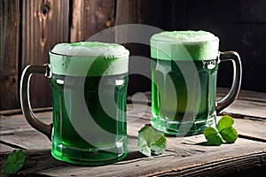 Green beer with clover leaves on wooden table on background of a pub. St. Patrick's day.