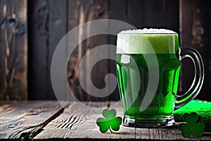 Green beer with clover leaves on wooden table on background of a pub. St. Patrick's day.