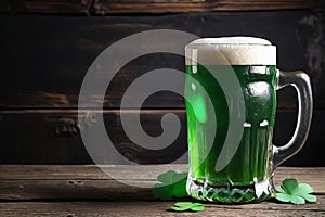 Green beer with clover leaves on wooden table on background of a pub. St. Patrick's day.