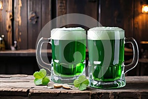 Green beer with clover leaves on wooden table on background of a pub. St. Patrick's day. Generative AI.