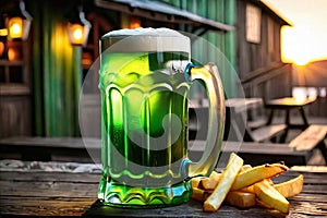 Green beer with French fries on wooden table on background of a pub in the evening. St. Patrick's day.
