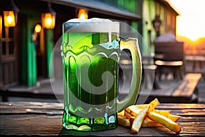 Green beer with French fries on wooden table on background of a pub in the evening. St. Patrick's day.