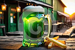 Green beer with French fries on wooden table on background of a pub in the evening. St. Patrick& x27;s day. Generative AI