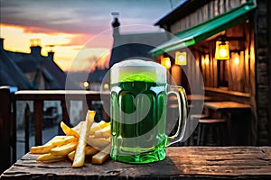 Green beer with French fries on wooden table on background of a pub in the evening. St. Patrick's day. Generative AI