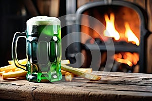 Green beer with French fries on wooden table on background of a pub. St. Patrick's day.