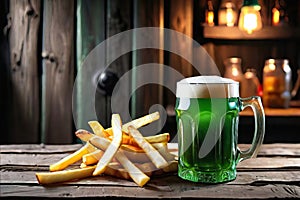 Green beer with French fries on wooden table on background of a pub. St. Patrick's day.