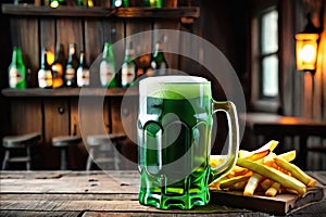 Green beer with French fries on wooden table on background of a pub. St. Patrick's day.