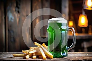 Green beer with French fries on wooden table on background of a pub. St. Patrick's day. Generative AI.