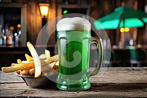 Green beer with French fries on wooden table on background of a pub. St. Patrick's day. Generative AI.