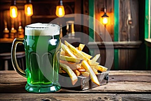 Green beer with French fries on wooden table on background of a pub. St. Patrick's day. Generative AI.