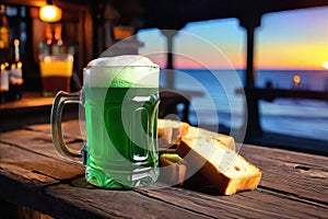 Green beer with fried croutons on wooden table on background of a pub in the evening. St. Patrick's day. Generative