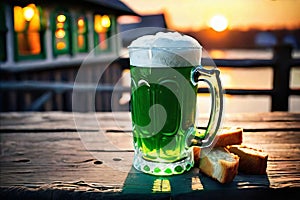 Green beer with fried croutons on wooden table on background of a pub in the evening. St. Patrick's day. Generative