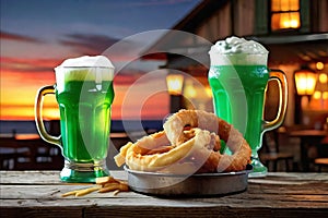 Green beer with fried onion rings on wooden table on background of a pub. St. Patrick's day.