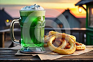 Green beer with fried onion rings on wooden table on background of a pub. St. Patrick's day.