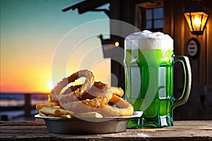Green beer with fried onion rings on wooden table on background of a pub. St. Patrick's day.