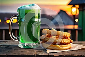 Green beer with fried onion rings on wooden table on background of a pub. St. Patrick's day. Generative AI.