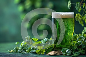 Green beer, gold coins and clover, symbols of St. Patrick's Day celebration. Generative AI