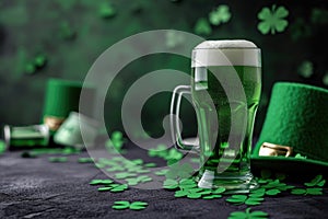 Green beer pint and leprechaun hat over dark green background, decorated with shamrock leaves