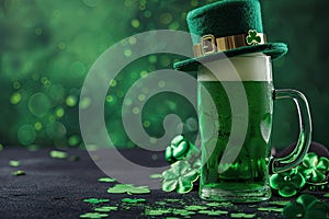 Green beer pint and leprechaun hat over dark green background, decorated with shamrock leaves