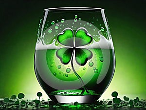 Green beer with splash and clover leaf. Closeup. Beer is traditionally served on St. Patrick's day.