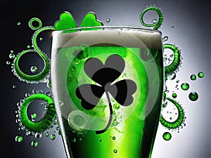 Green beer with splash and clover leaf. Closeup. Beer is traditionally served on St. Patrick's day.