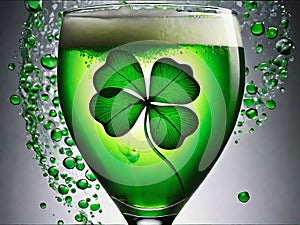 Green beer with splash and clover leaf. Closeup. Beer is traditionally served on St. Patrick's day.