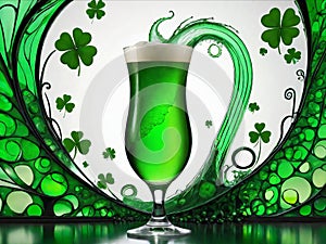 Green beer with splash and clover leaves. Beer is traditionally served on St. Patrick's day.