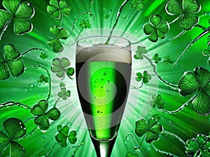 Green beer with splash and clover leaves. Beer is traditionally served on St. Patrick's day.