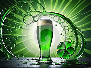 Green beer with splash and clover leaves. Beer is traditionally served on St. Patrick's day.