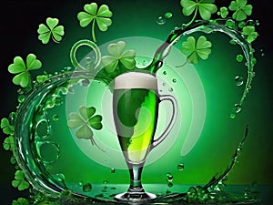 Green beer with splash and clover leaves. Beer is traditionally served on St. Patrick's day.