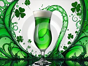 Green beer with splash and clover leaves. Beer is traditionally served on St. Patrick's day.