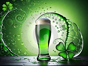 Green beer with splash and clover leaves. Beer is traditionally served on St. Patrick's day.