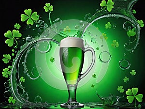 Green beer with splash and clover leaves. Beer is traditionally served on St. Patrick's day.