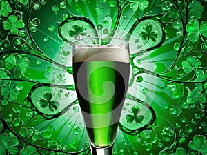 Green beer with splash and clover leaves. Beer is traditionally served on St. Patrick's day.