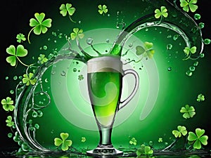 Green beer with splash and clover leaves. Beer is traditionally served on St. Patrick's day.