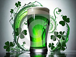 Green beer with splash and clover leaves. Beer is traditionally served on St. Patrick's day.